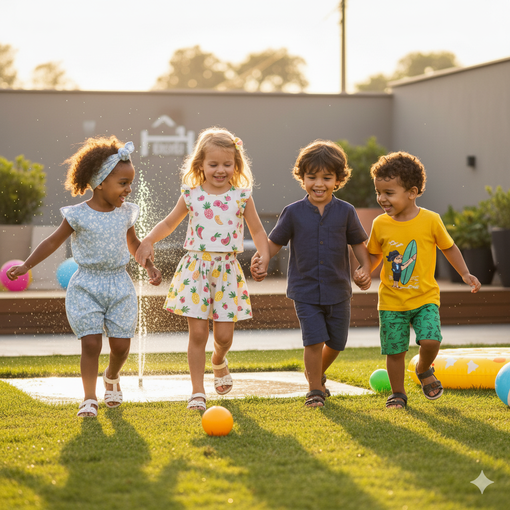 criancas brincando no jardim com roupas infantis de vero